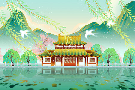 中国风传统建筑国潮春天绿色柳树桃花节气插画背景图片