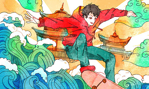 动感漂移水彩国潮风滑板男孩插画