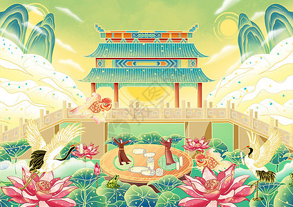 杭州曲院风荷国风插画背景图片