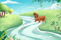 牛在河边喝水环保插画图片
