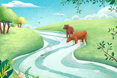 牛在河边喝水环保插画图片