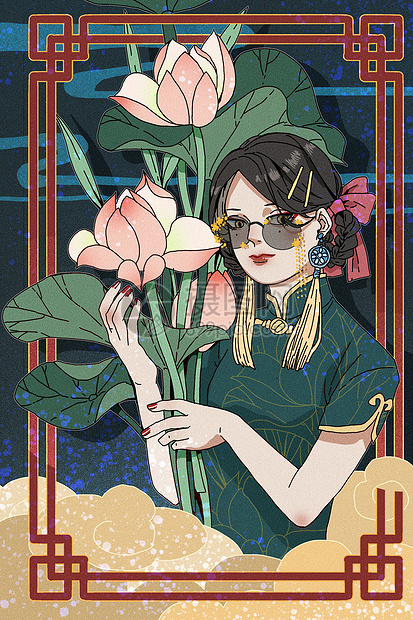 国潮美妆服饰女性装饰插画之模特叉腰摆拍