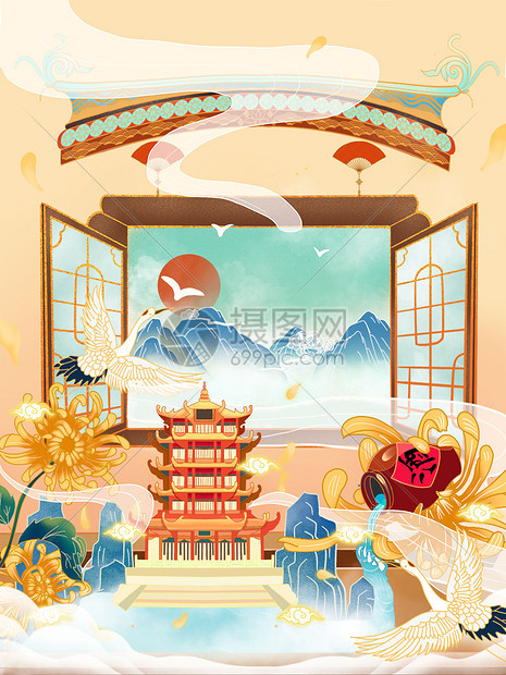 中国风建筑手绘国潮风插画图片