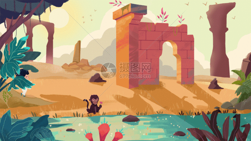 植树节动物和孩子们一起植树gif动图图片-正版gif素材401906855-摄