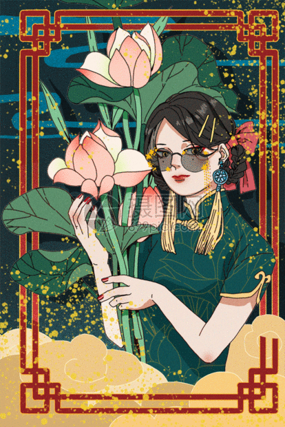 国潮美妆服饰女性装饰插画之模特叉腰摆拍gif