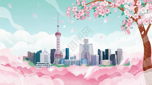 上海外滩俯视图上海樱花插画