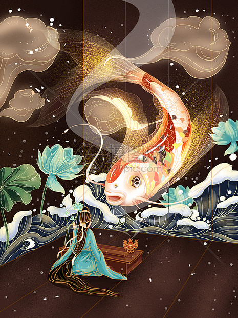 该插花图片标题为国潮插画锦鲤神话传说,编号:401908037,格式:psd