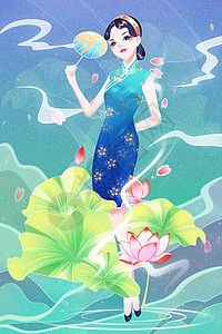 国潮风穿旗袍的少女背景图片