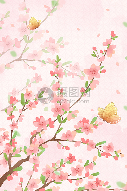 春天手绘桃花插画图片