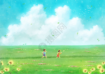 向日葵风景蓝天白云下快乐奔跑的孩子插画
