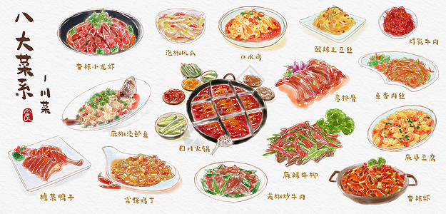 八大菜系川菜水彩手绘美食插画图片