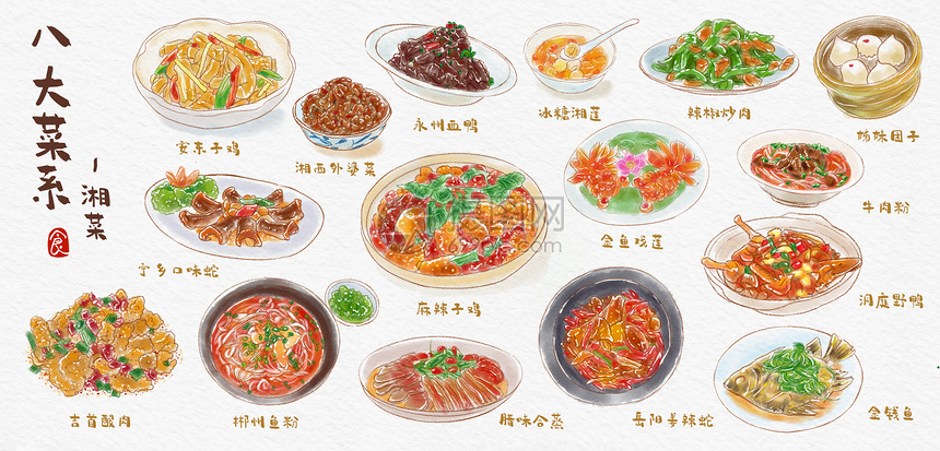 八大菜系湘菜水彩手绘美食插画