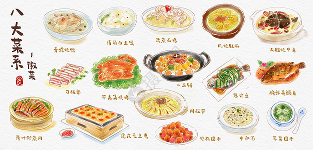 美食板八大菜系徽菜水彩手绘美食插画插画