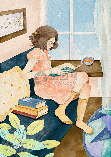 水彩读书日看书学习的女孩图片
