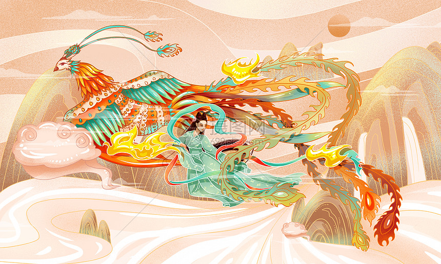 山海经凤凰于飞神话国潮插画