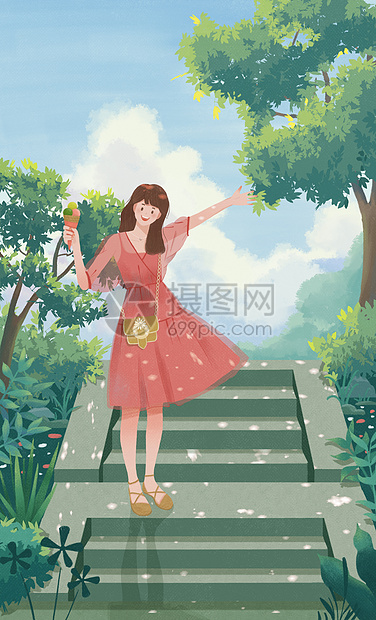 夏季游玩的女孩清新插画图片