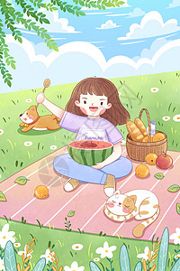 立夏手机海报清新立夏女孩野餐插画插画