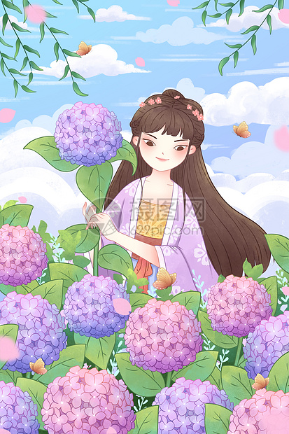 手绘中国风女孩与绣球花插画图片