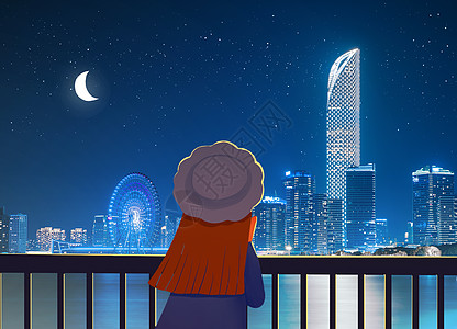 苏州城市夜晚赏夜景的女孩图片