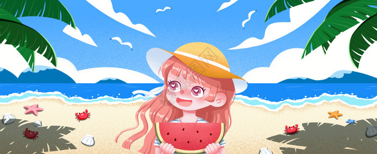 沙滩海岛夏至海边女孩吃西瓜插画banner插画