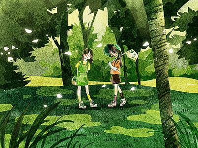去森林里玩耍的两个女孩水彩画图片