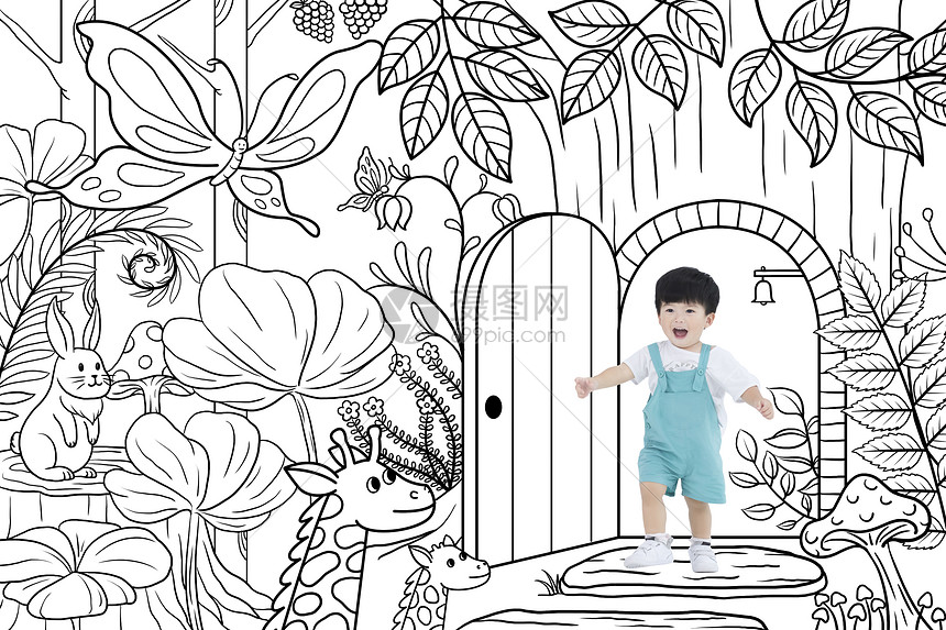 小朋友森林探索奇幻之旅简笔画