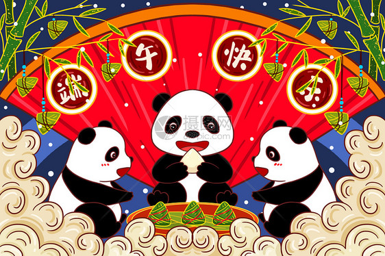 大熊猫吃粽子国潮插画图片