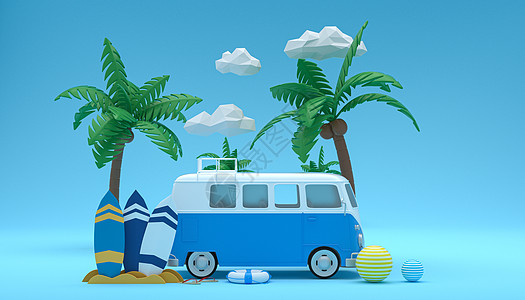 货车卡通3D夏日度假场景设计图片
