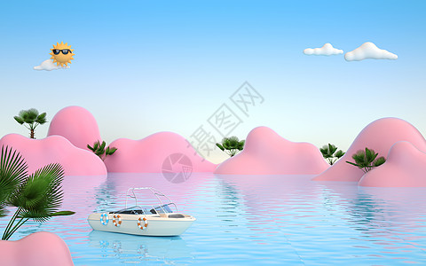 湖云朵清凉夏天背景设计图片