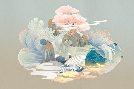 国潮H5国潮中国风景山水插画元素背景插画