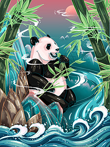 原创中国风手绘国宝大熊猫国潮插画图片素材