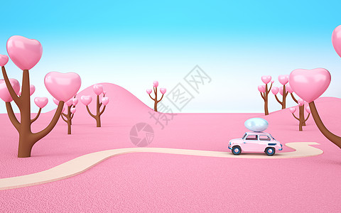 开车卡通粉色爱心出游小场景设计图片