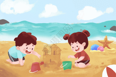 夏季海边玩沙雕的孩子GIF图片