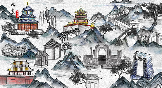 北京城市印象旅游水墨插画背景图片