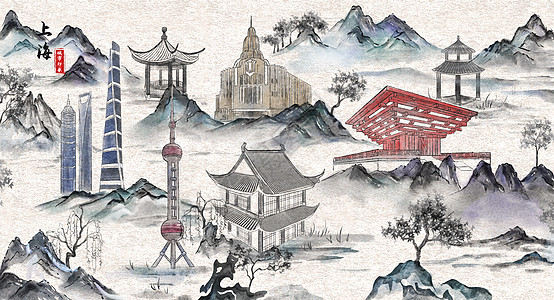 上海城市印象旅游水墨插画高清图片