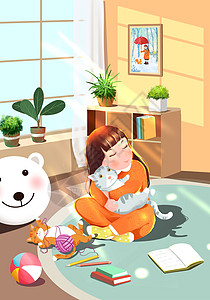 卡通竖图小女孩抱着与猫咪玩耍插画