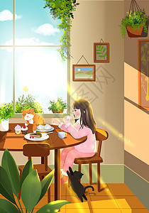 卡通儿童人物吃早餐温暖画面图片