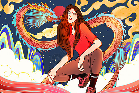 基建线描国潮复古潮酷女孩国风插画插画