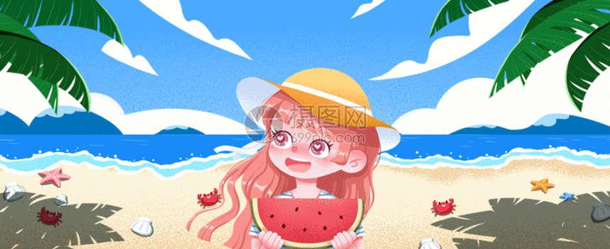 夏至海边女孩吃西瓜GIF图片