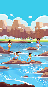 一家人水边玩耍插画图片