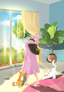 起床的女孩卡通儿童人物插画背景图片