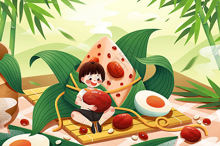 五月初五端午节吃粽子抱红枣女孩插画图片