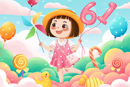 风车 卡通六一儿童节拿气球和风车欢乐小女孩清新治愈插画插画