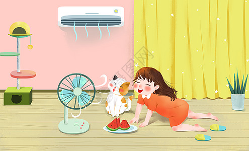 炎热夏天可爱女孩与小猫居家避署吹风扇画面图片