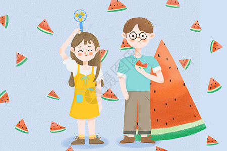 清新情侣背影夏天吃西瓜插画