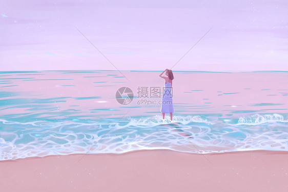 夏天海风的吟唱唯美插画图片