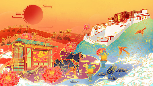 布达拉宫中国风插画图片
