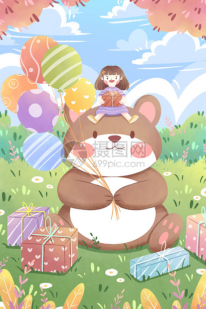 手绘清新小女孩与小熊插画图片