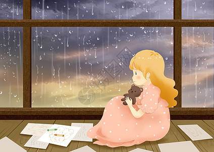 窗户雨滴雨季画画插画