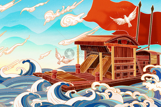 中国风国潮建党100周年红船革命精神插画图片